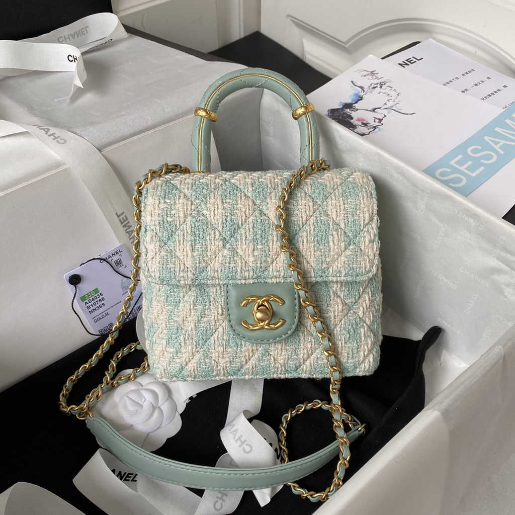 Chanel Mini flap bag with top handle Light Blue Tweed Lambskin AS4035