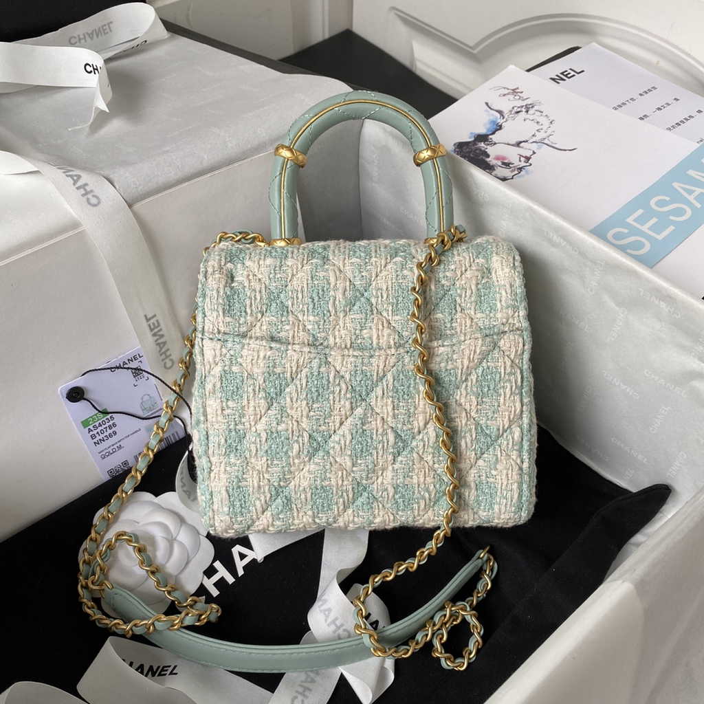 Chanel Mini flap bag with top handle Light Blue Tweed Lambskin AS4035