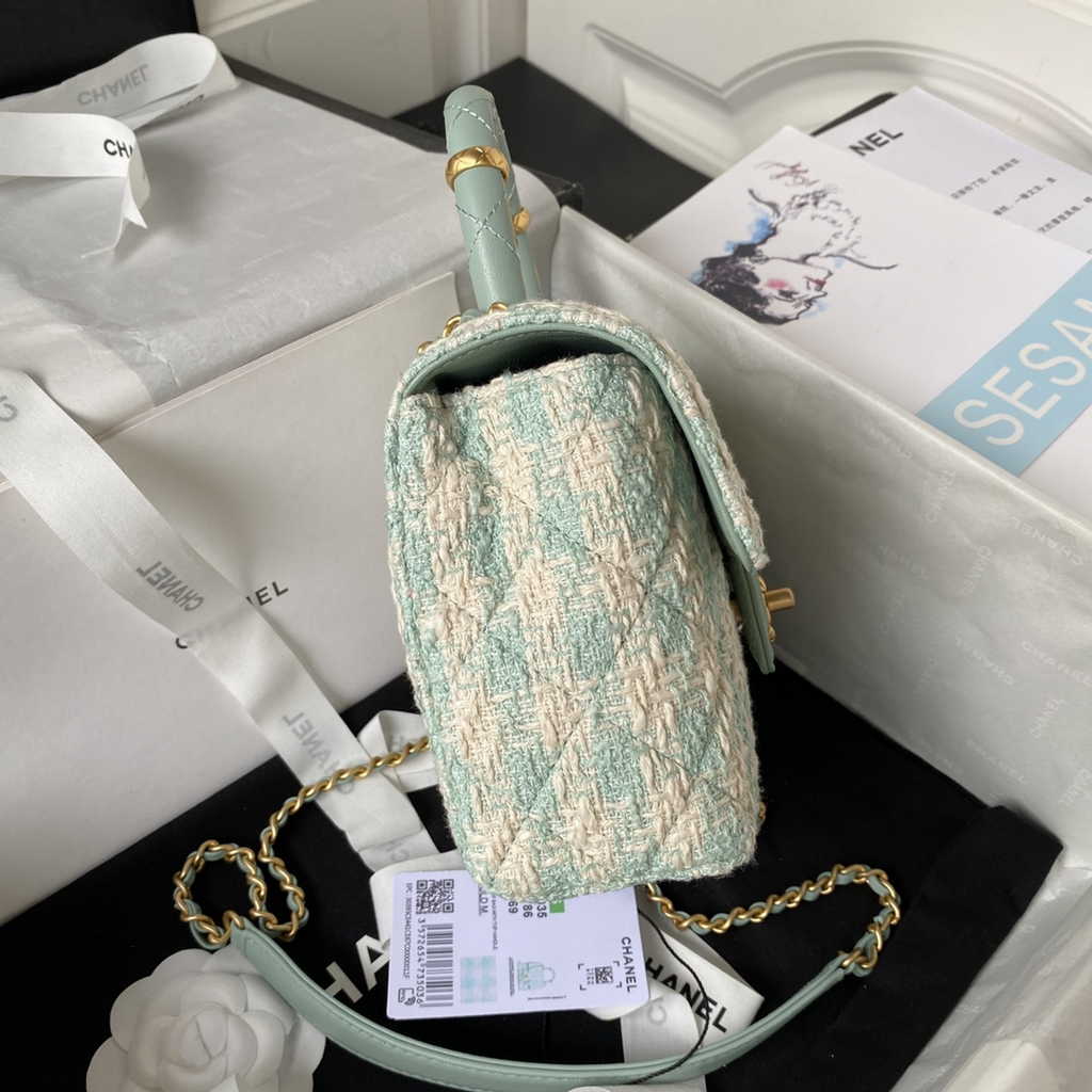 Chanel Mini flap bag with top handle Light Blue Tweed Lambskin AS4035