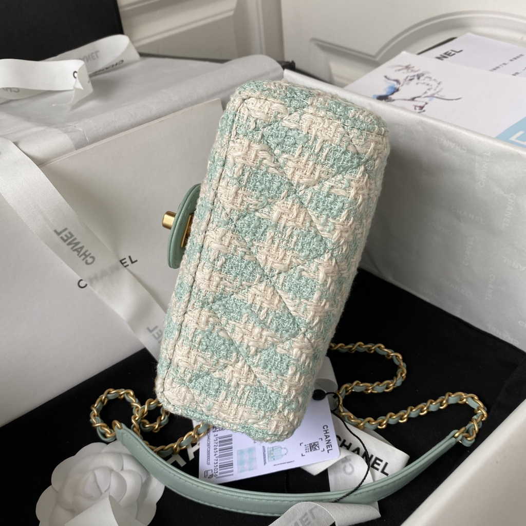 Chanel Mini flap bag with top handle Light Blue Tweed Lambskin AS4035