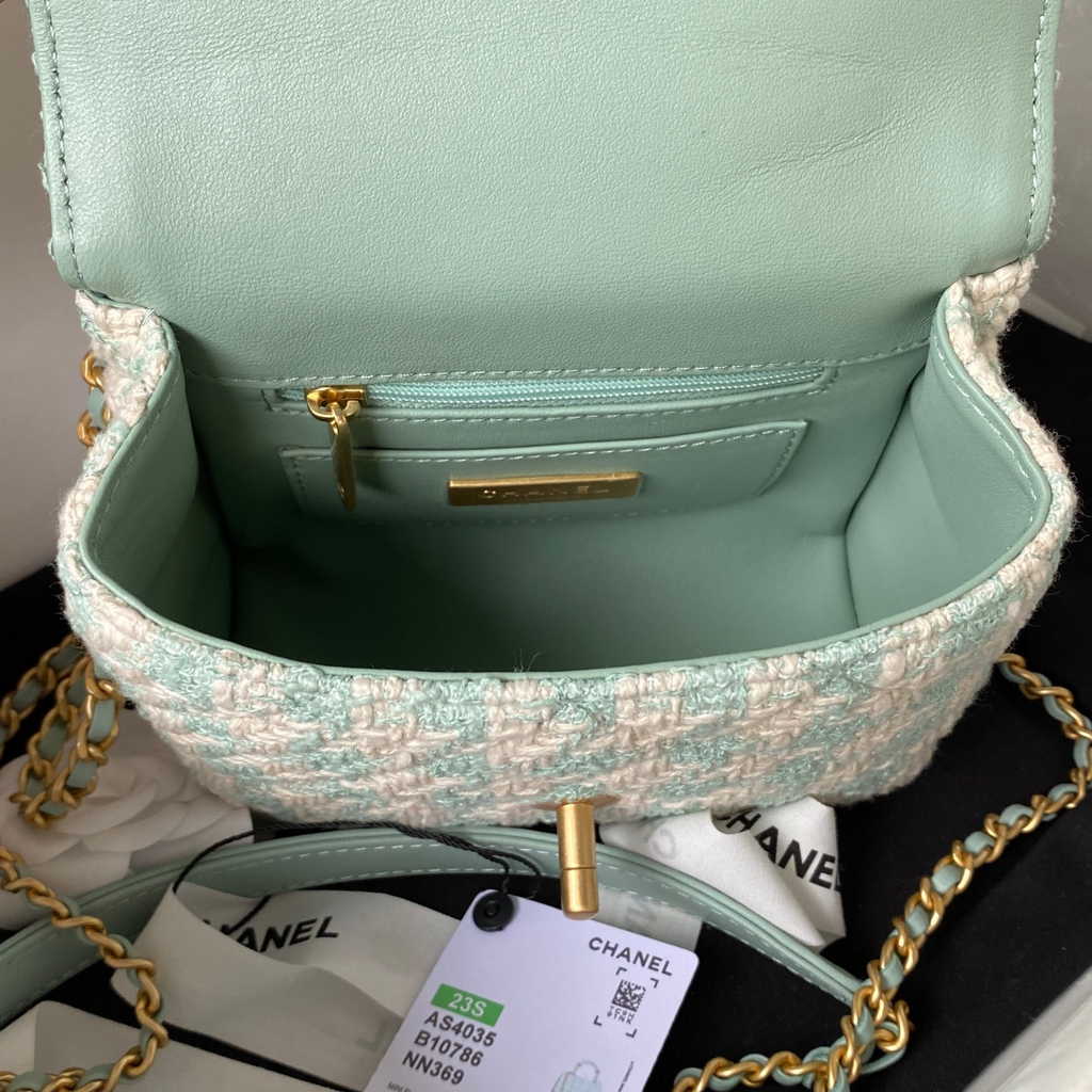 Chanel Mini flap bag with top handle Light Blue Tweed Lambskin AS4035