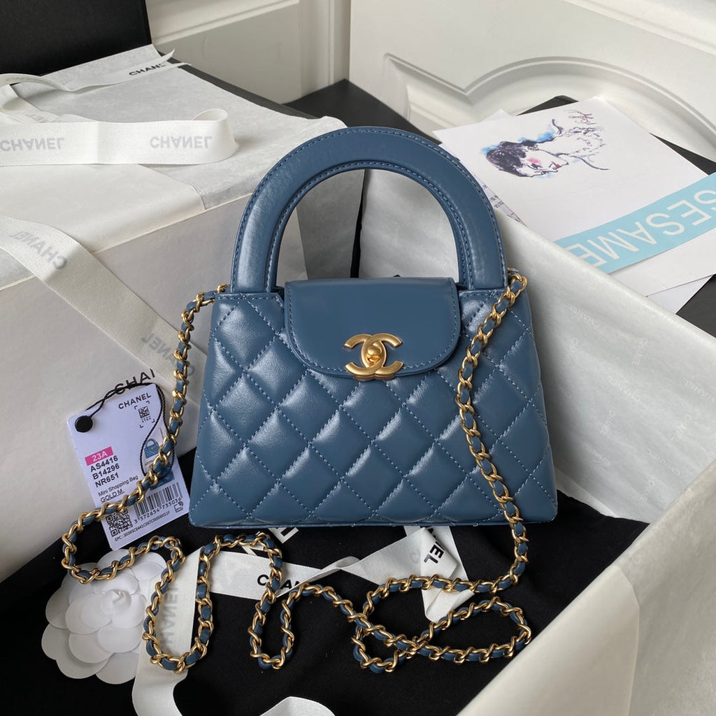 Chanel AS4416 Mini Shopping Bag Blue Shiny Aged Calfskin Gold