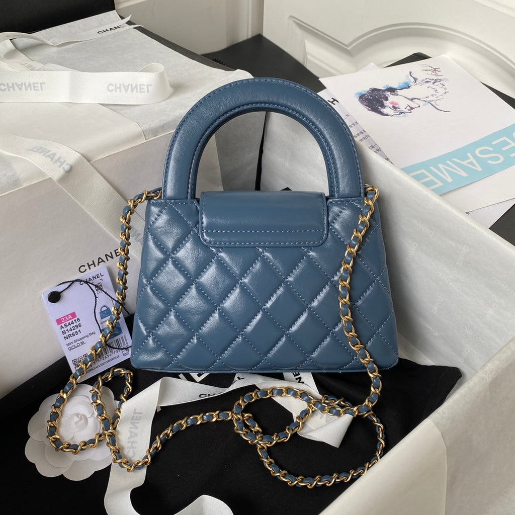 Chanel AS4416 Mini Shopping Bag Blue Shiny Aged Calfskin Gold
