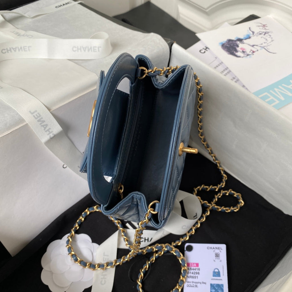 Chanel AS4416 Mini Shopping Bag Blue Shiny Aged Calfskin Gold