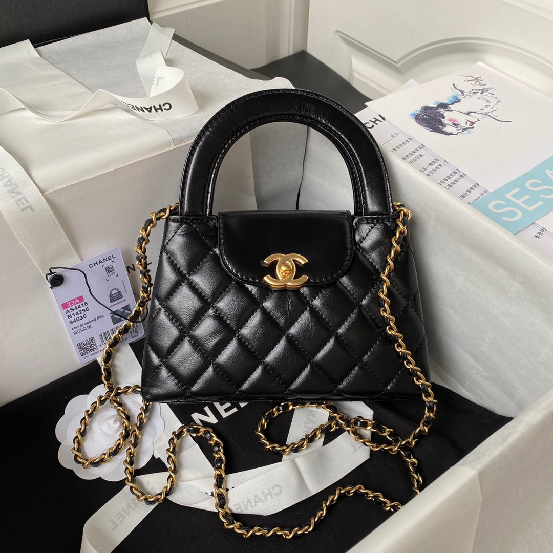 Chanel AS4416 Mini Shopping Bag Black Shiny Aged Calfskin Gold