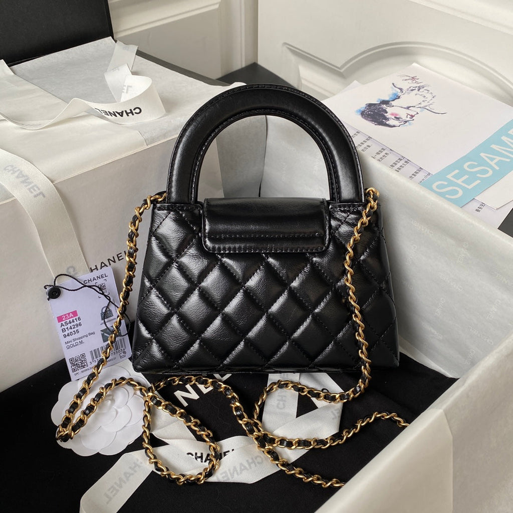 Chanel AS4416 Mini Shopping Bag Black Shiny Aged Calfskin Gold