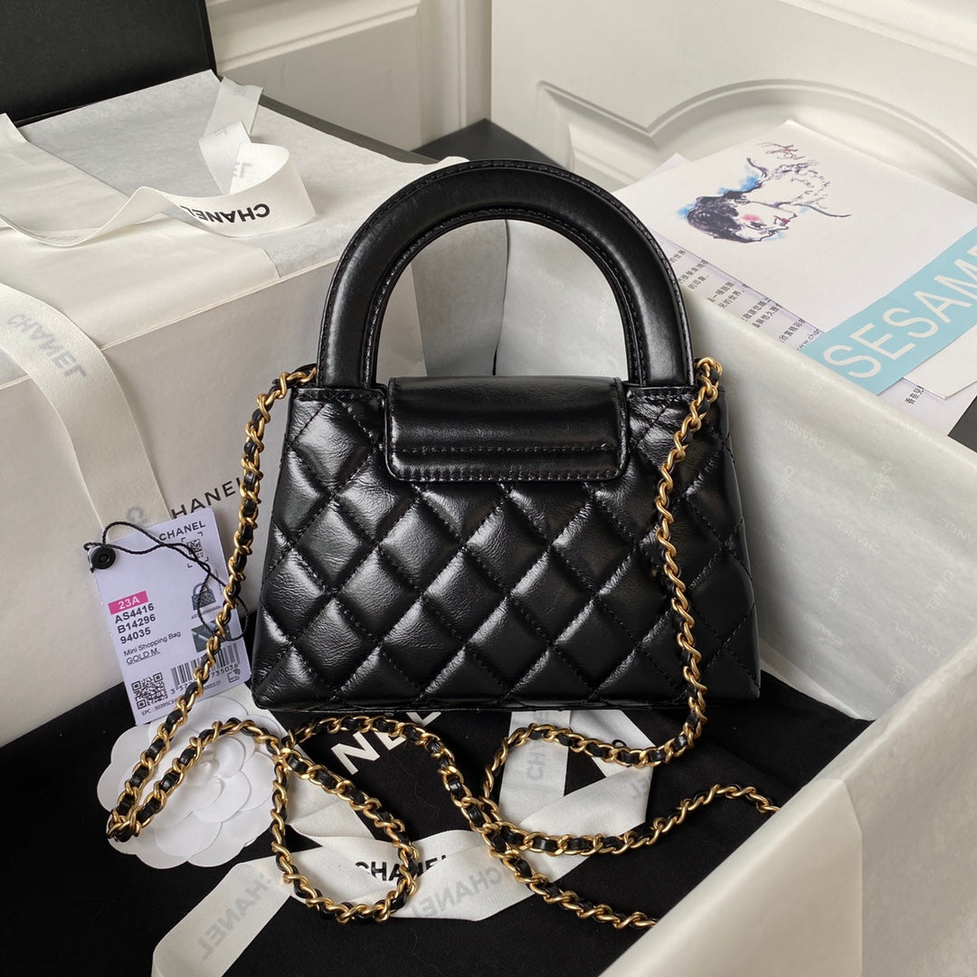 Chanel AS4416 Mini Shopping Bag Black Shiny Aged Calfskin Gold