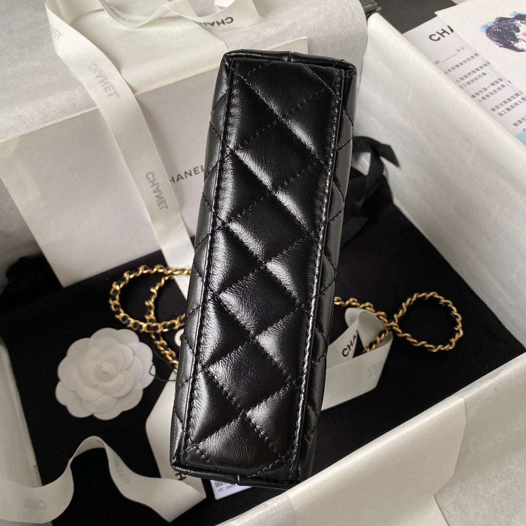 Chanel AS4416 Mini Shopping Bag Black Shiny Aged Calfskin Gold