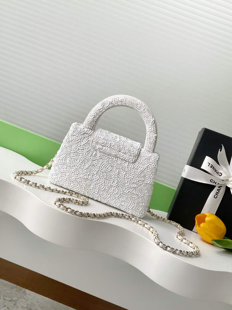Chanel Satin Sequins Mini Shopping Bag AS4416 White