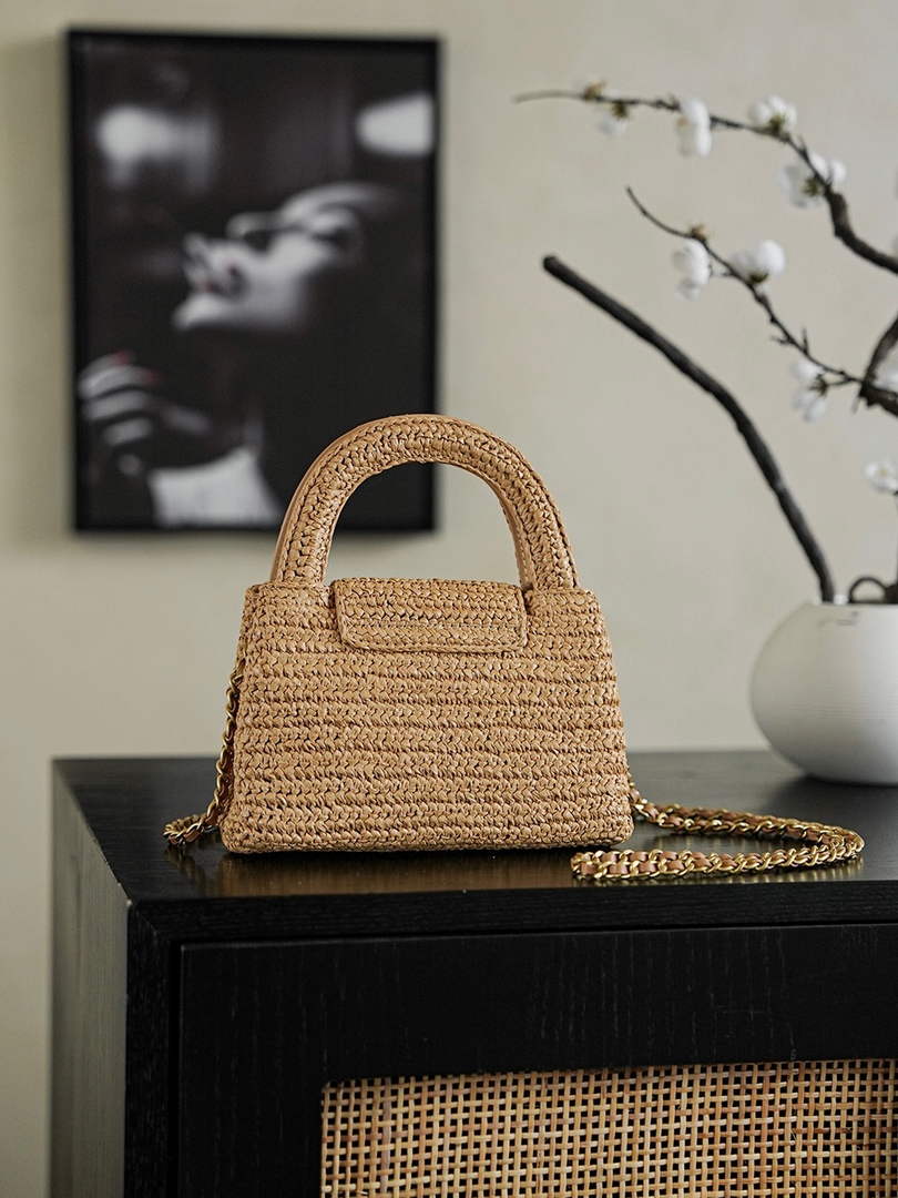 Chanel Mini Shopping Bag, AS4416 Braided Raffia Dark Beige