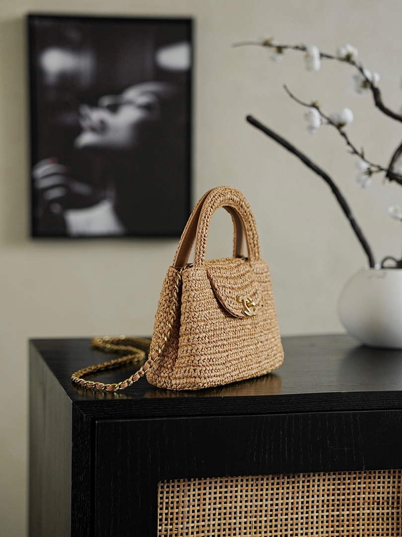 Chanel Mini Shopping Bag, AS4416 Braided Raffia Dark Beige