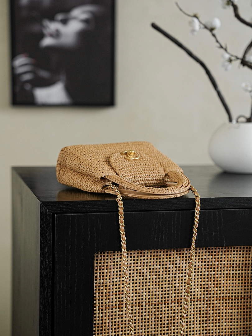 Chanel Mini Shopping Bag, AS4416 Braided Raffia Dark Beige