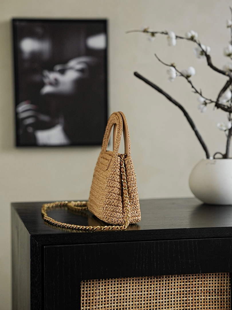 Chanel Mini Shopping Bag, AS4416 Braided Raffia Dark Beige