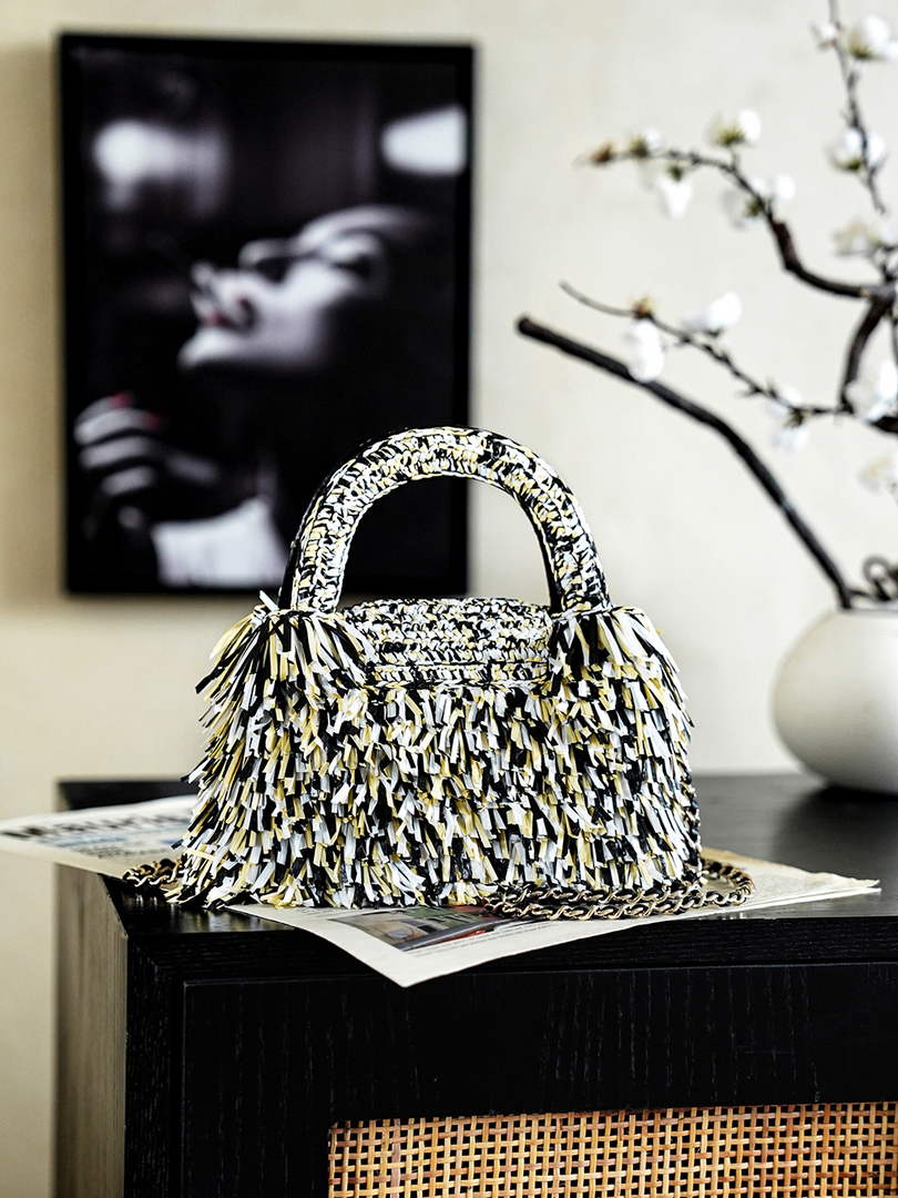 Chanel Mini Shopping Bag, AS4416 Raffia-Effect Fabric Gray