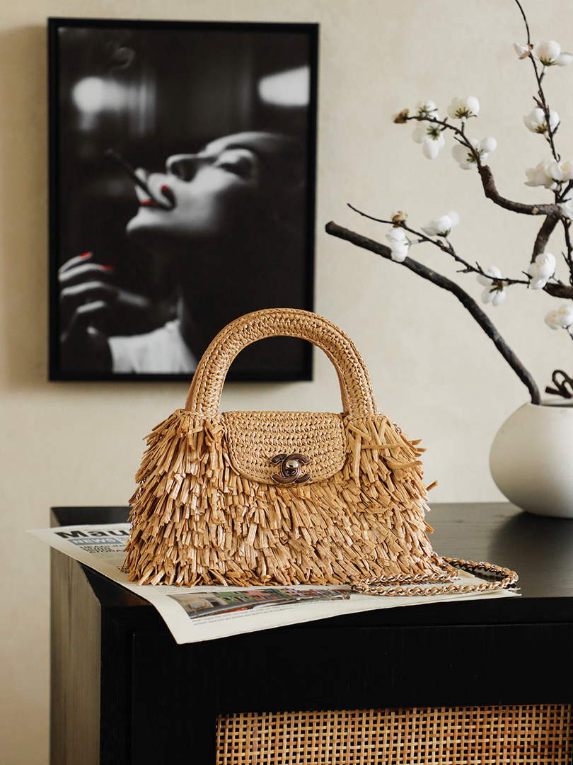 Chanel Mini Shopping Bag, AS4416 Raffia-Effect Fabric Dark Beige