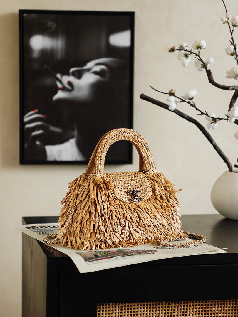 Chanel Mini Shopping Bag, AS4416 Raffia-Effect Fabric Dark Beige