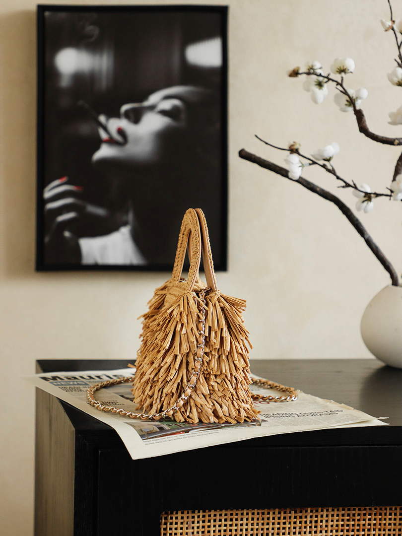 Chanel Mini Shopping Bag, AS4416 Raffia-Effect Fabric Dark Beige