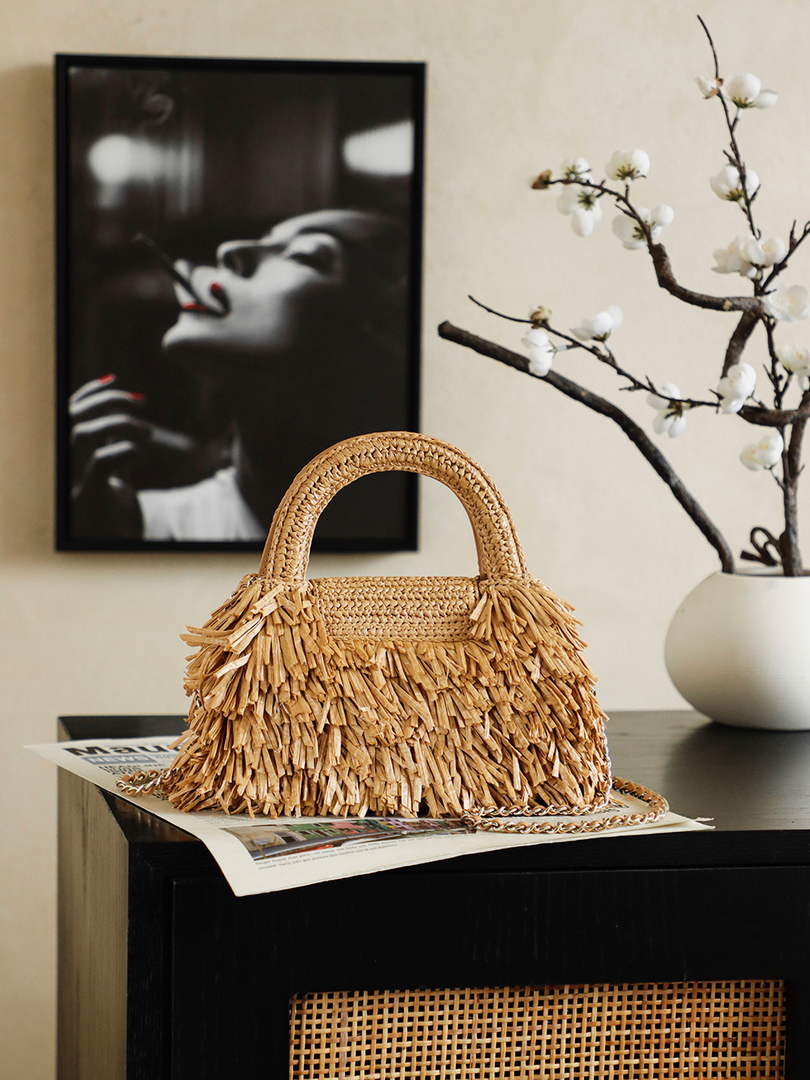 Chanel Mini Shopping Bag, AS4416 Raffia-Effect Fabric Dark Beige