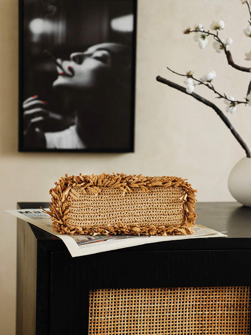 Chanel Mini Shopping Bag, AS4416 Raffia-Effect Fabric Dark Beige