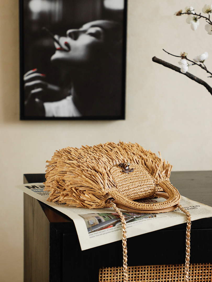 Chanel Mini Shopping Bag, AS4416 Raffia-Effect Fabric Dark Beige
