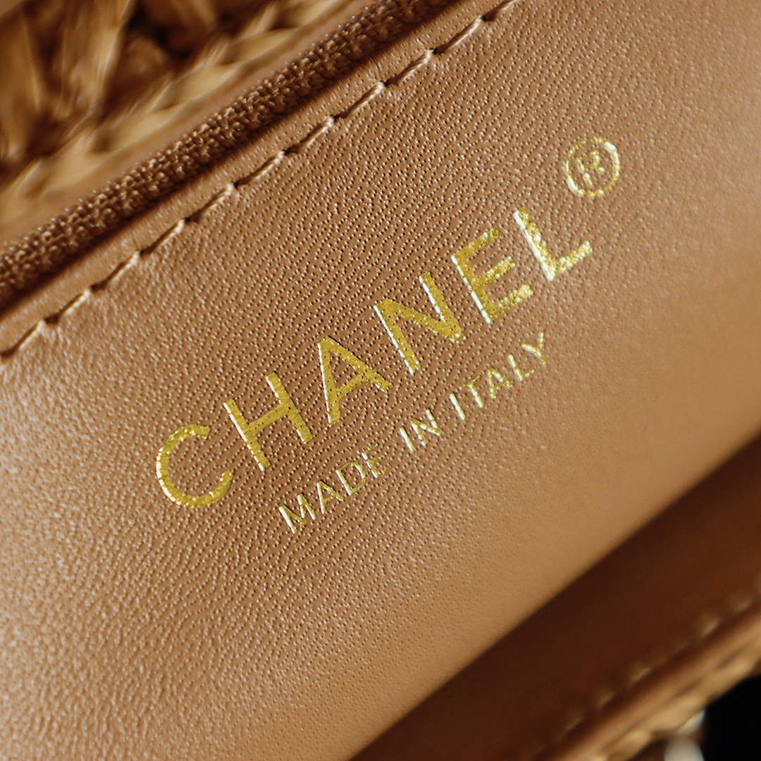 Chanel Mini Shopping Bag, AS4416 Raffia-Effect Fabric Dark Beige