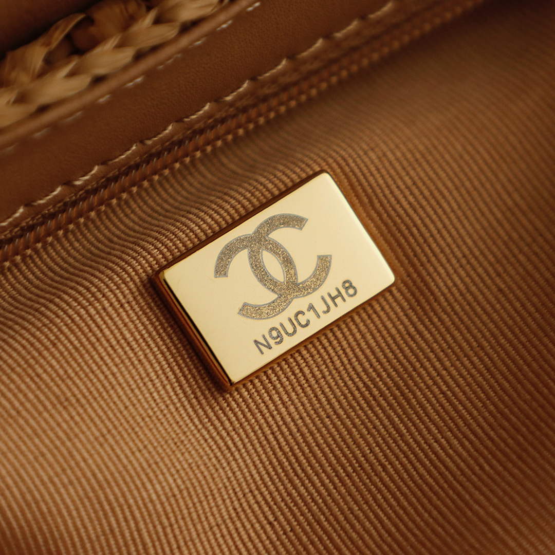 Chanel Mini Shopping Bag, AS4416 Raffia-Effect Fabric Dark Beige