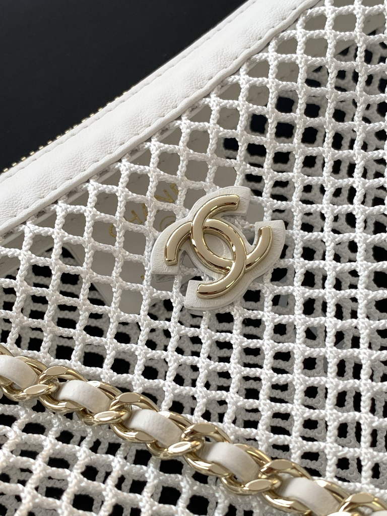 Chanel Pouch, Mesh, shiny lambskin & gold-tone metal, AP4673 white