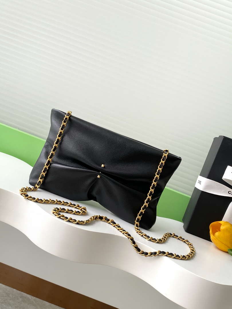 CHANEL Black Metallic Quilted Chain Clutch - AP4613
