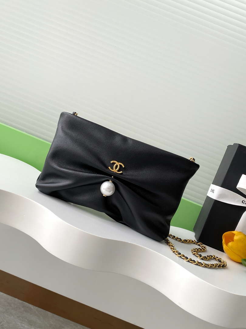CHANEL Black Metallic Quilted Chain Clutch - AP4613