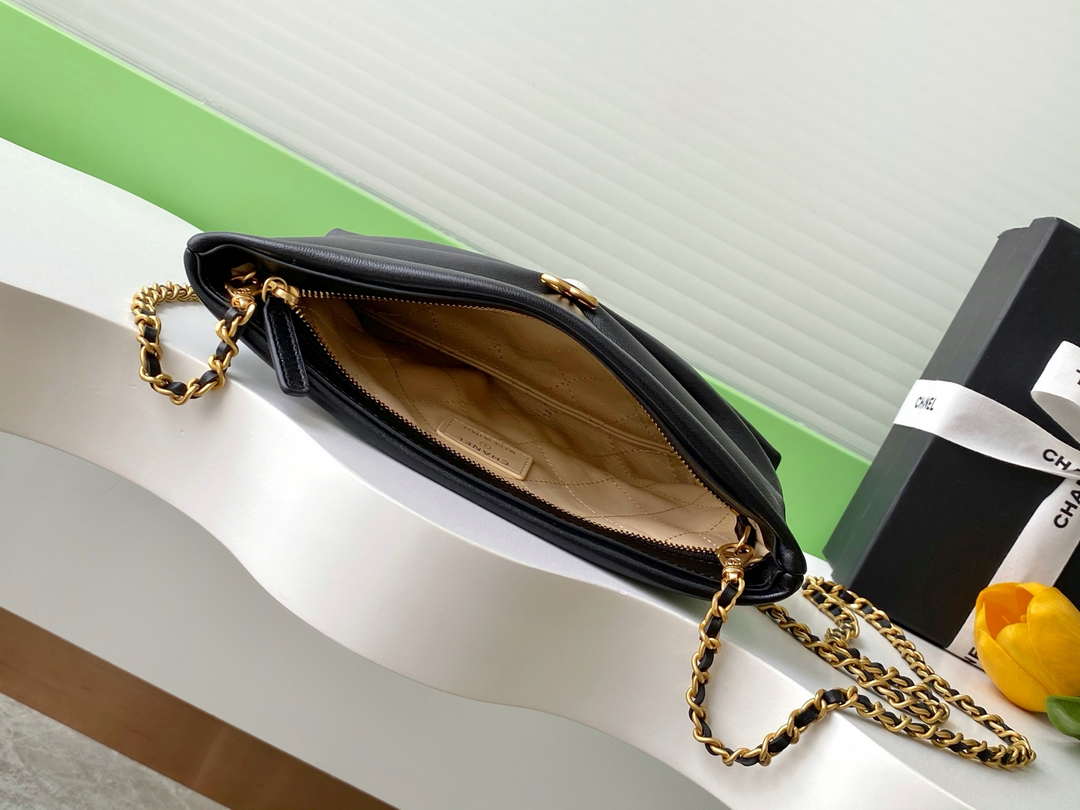 CHANEL Black Metallic Quilted Chain Clutch - AP4613
