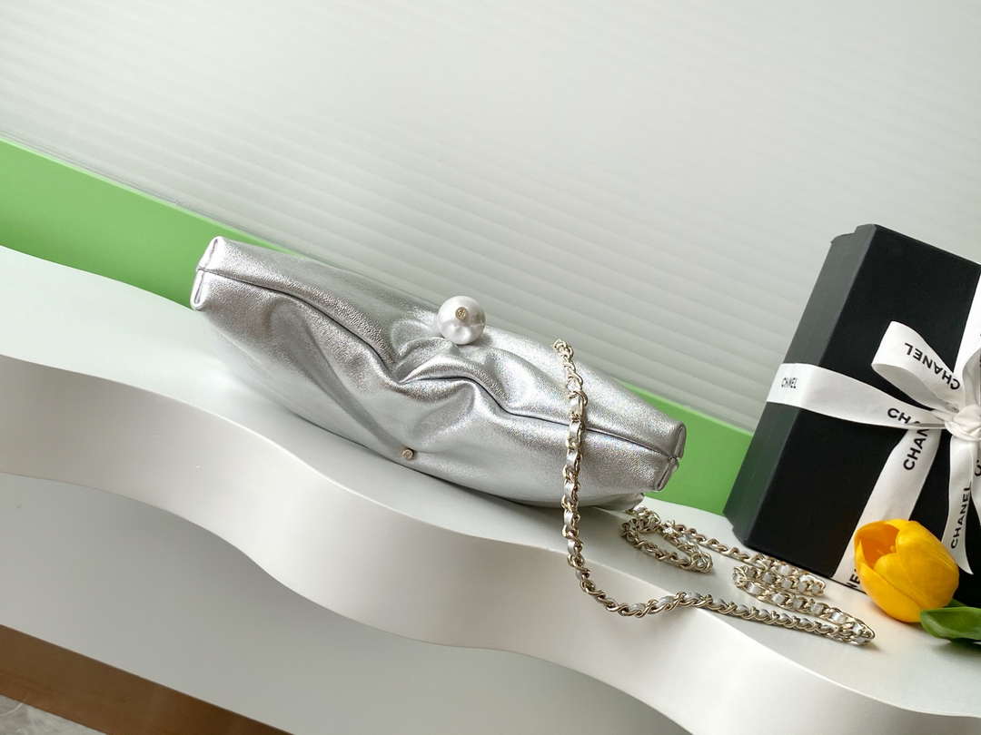CHANEL Silver Metallic Quilted Chain Clutch - AP4613