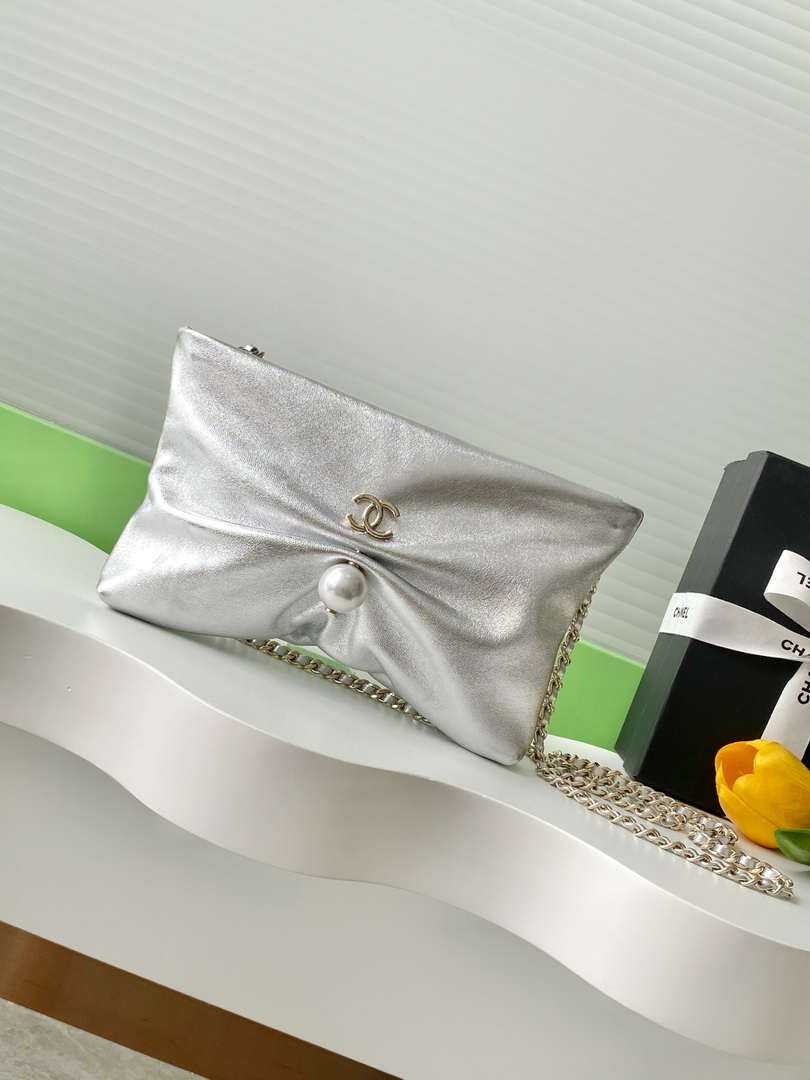 CHANEL Silver Metallic Quilted Chain Clutch - AP4613