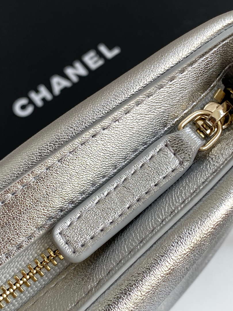 CHANEL Silver Metallic Quilted Chain Clutch - AP4613