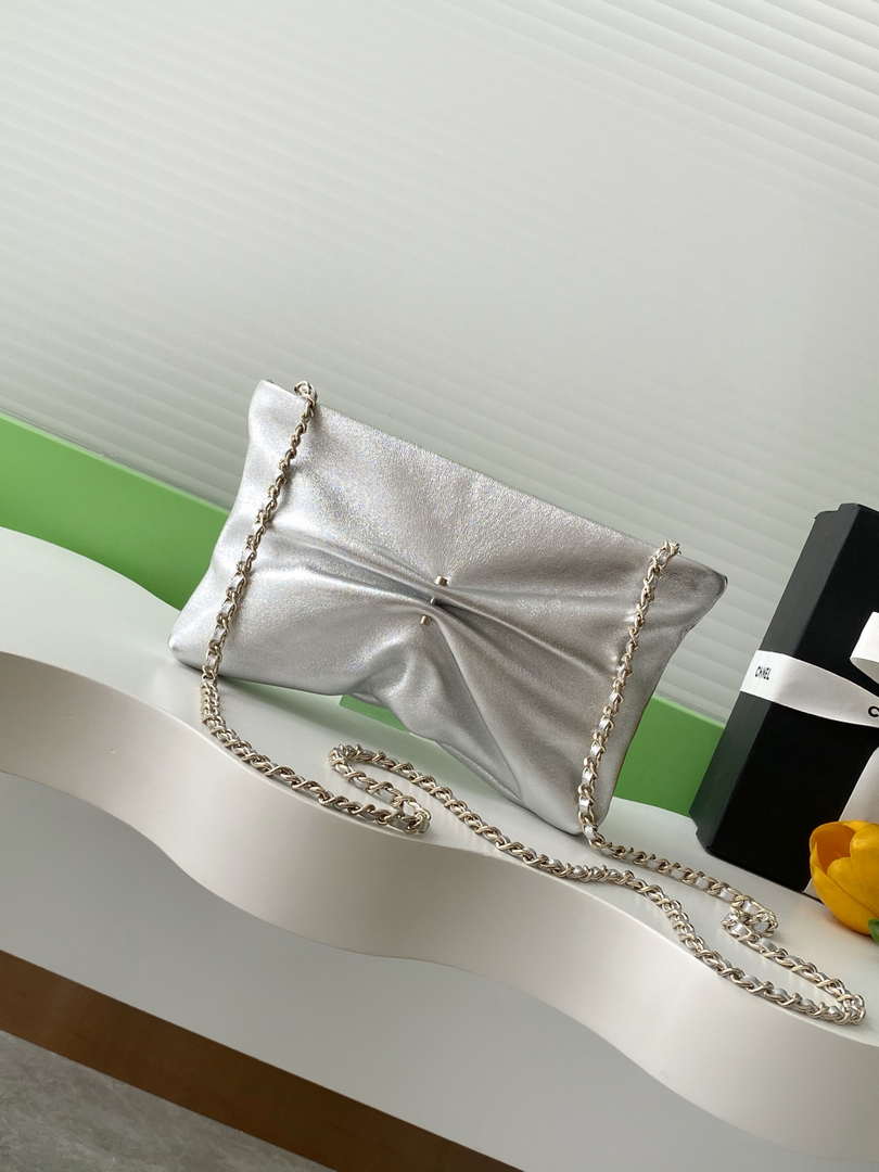 CHANEL Silver Metallic Quilted Chain Clutch - AP4613