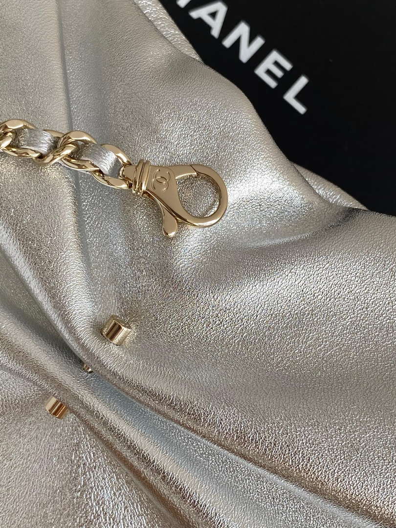 CHANEL Silver Metallic Quilted Chain Clutch - AP4613