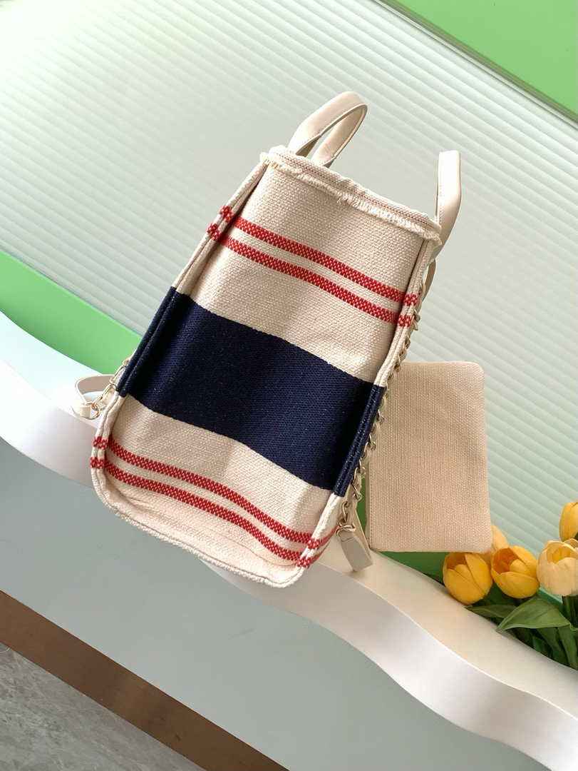 Chanel Shopping bag, Cotton canvas, AS3351 Ecru, Blue & Red