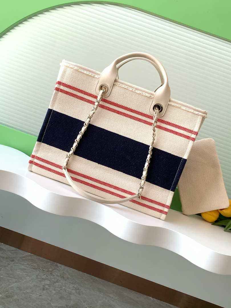Chanel Shopping bag, Cotton canvas, AS3351 Ecru, Blue & Red
