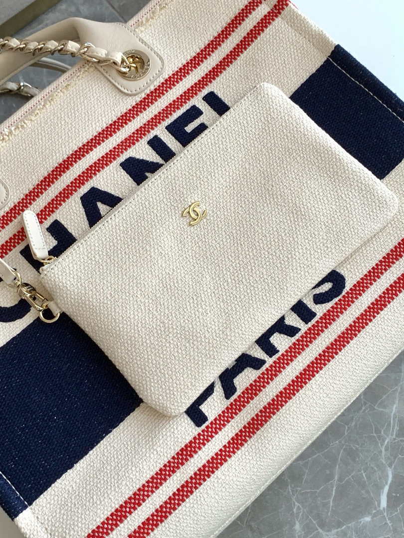 Chanel Shopping bag, Cotton canvas, AS3351 Ecru, Blue & Red