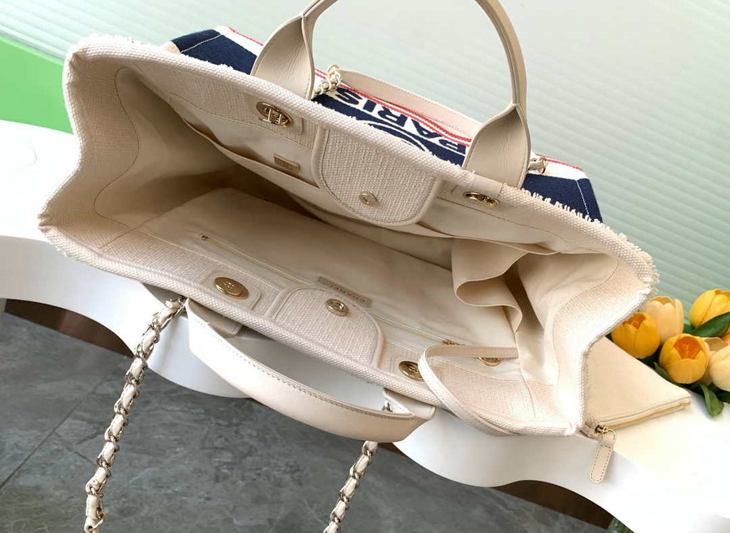 Chanel Shopping bag, Cotton canvas, AS3351 Ecru, Blue & Red