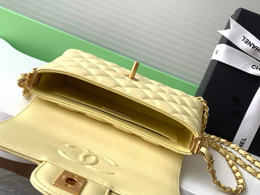 Chanel small flap bag with top handle, AS5355, Yellow lambskin