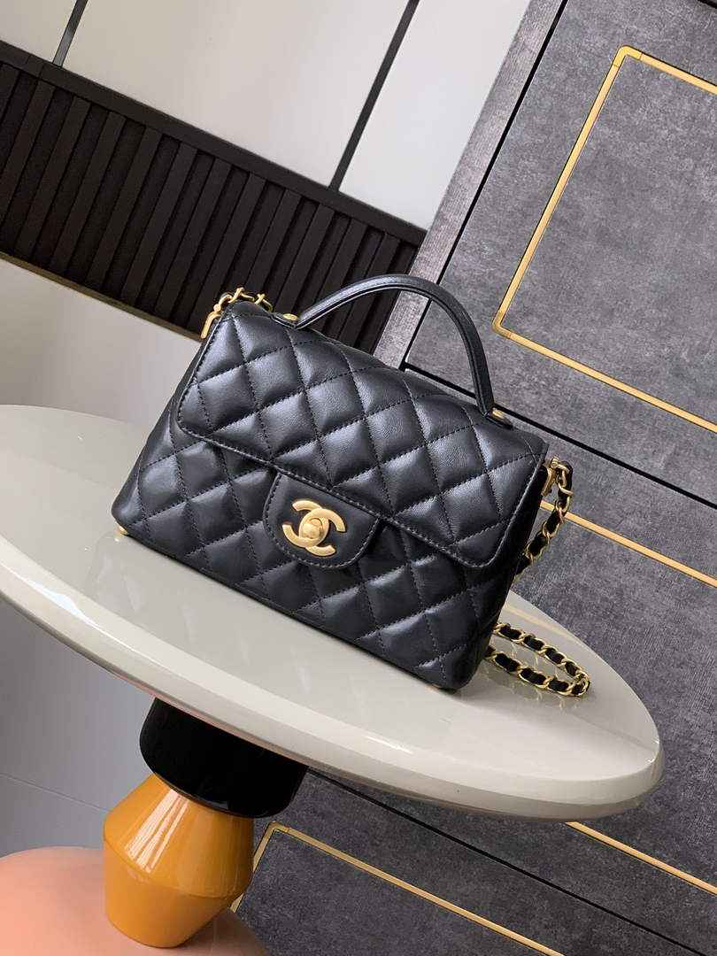 Chanel small flap bag with top handle, AS5355, Black lambskin