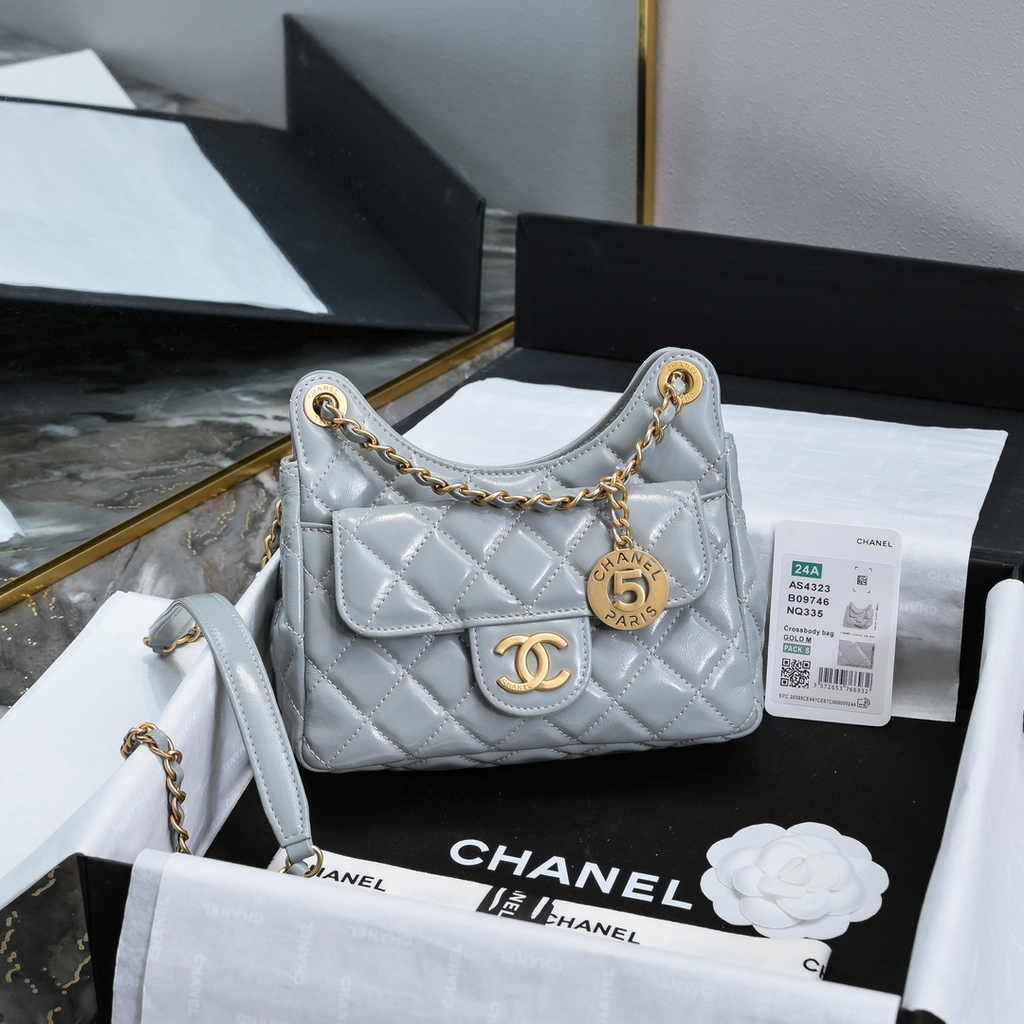 Chanel small hobo bag, AS4323 shiny crumpled calfskin gray
