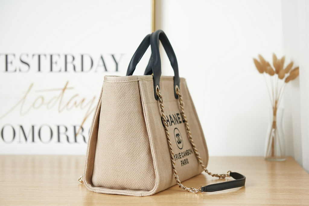 Chanel small shopping bag, AS3257 mixed fibers beige blue
