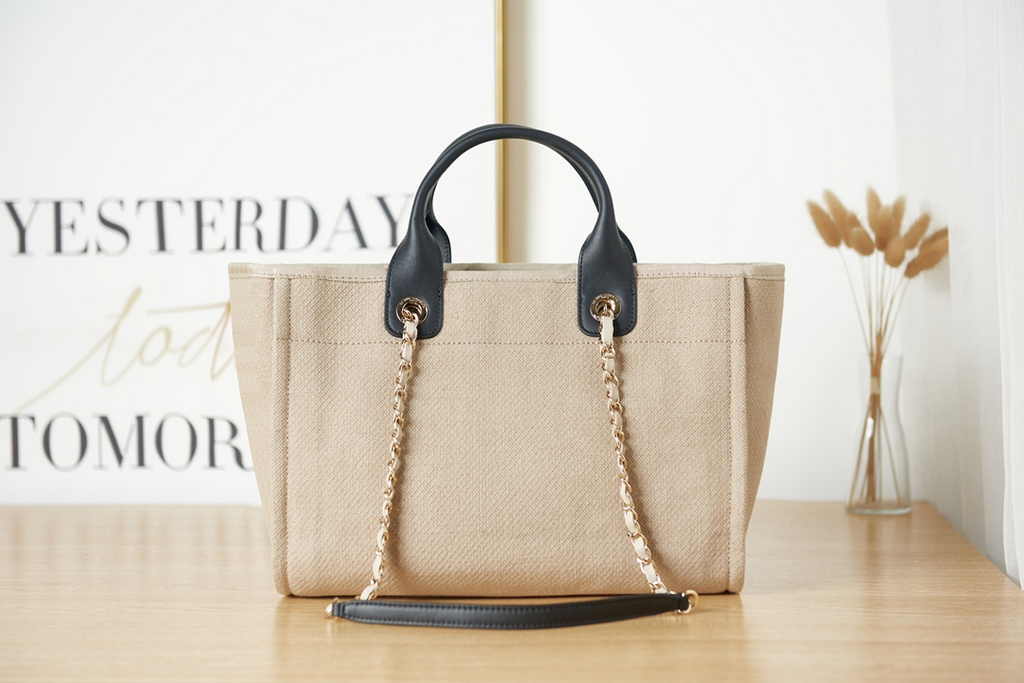 Chanel small shopping bag, AS3257 mixed fibers beige blue