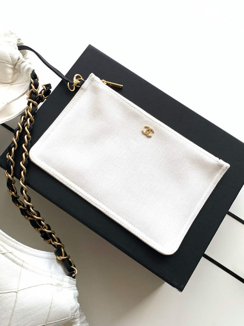 Chanel Small Tote, Denim, Calfskin & Gold Metal, AS6191 White