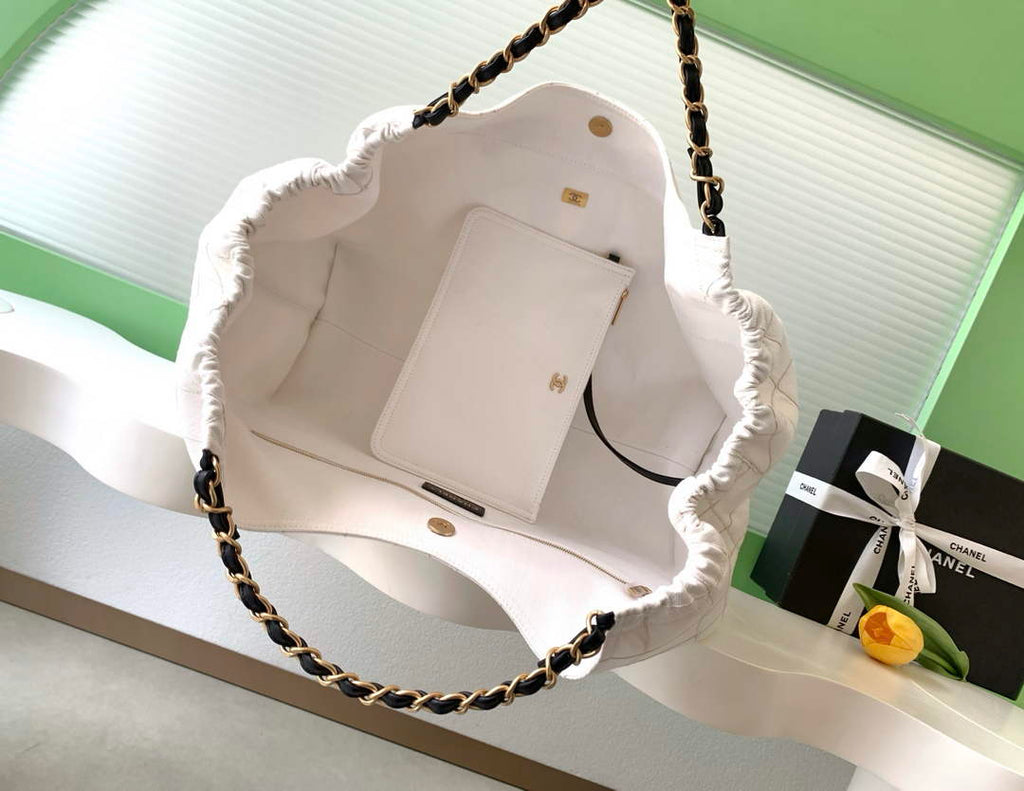 Chanel Small Tote, Denim, Calfskin & Gold Metal, AS6191 White