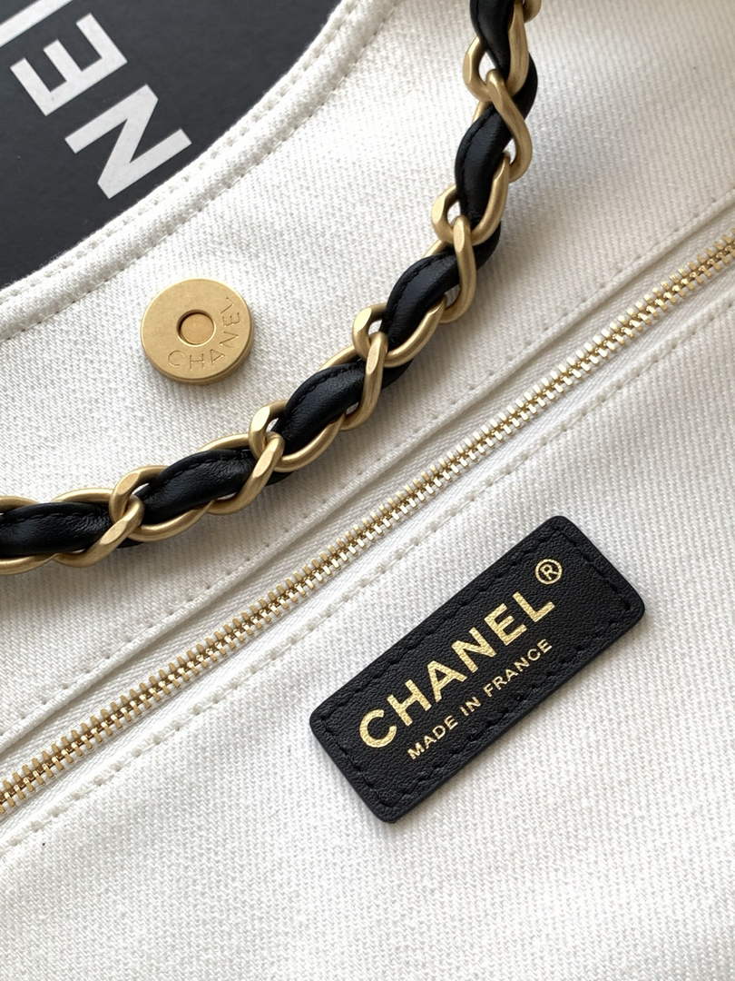Chanel Small Tote, Denim, Calfskin & Gold Metal, AS6191 White