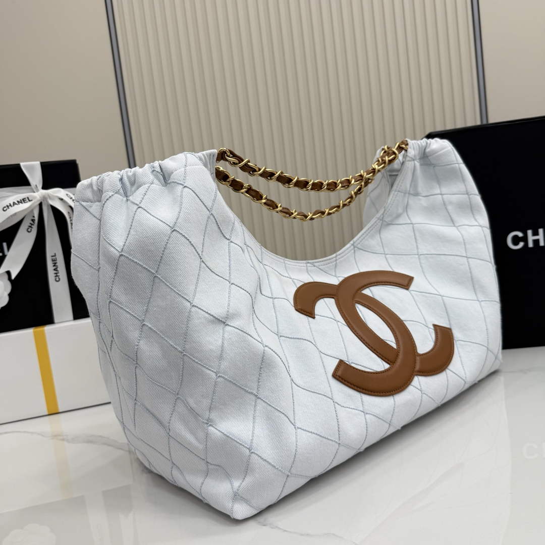 Chanel Small Tote, Denim, Calfskin & Gold Metal, AS6191 Light Blue
