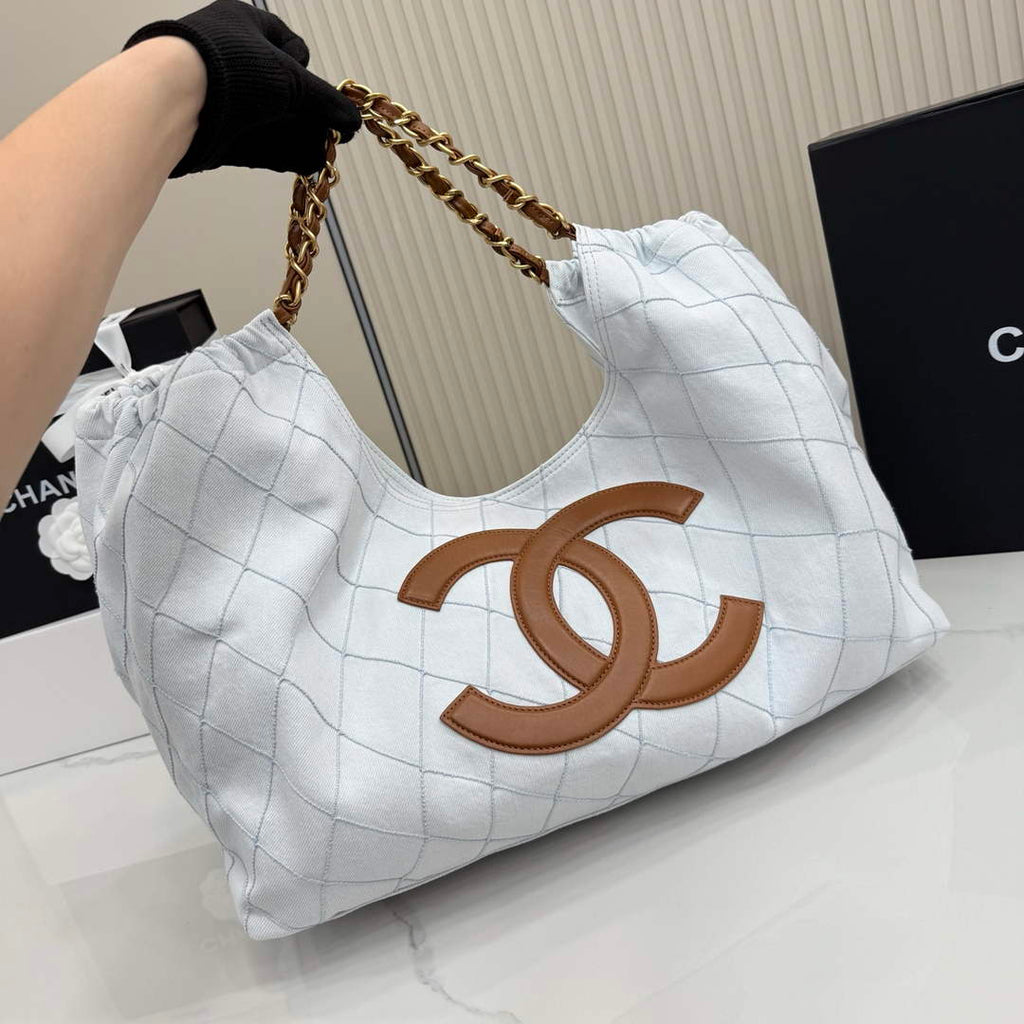 Chanel Small Tote, Denim, Calfskin & Gold Metal, AS6191 Light Blue