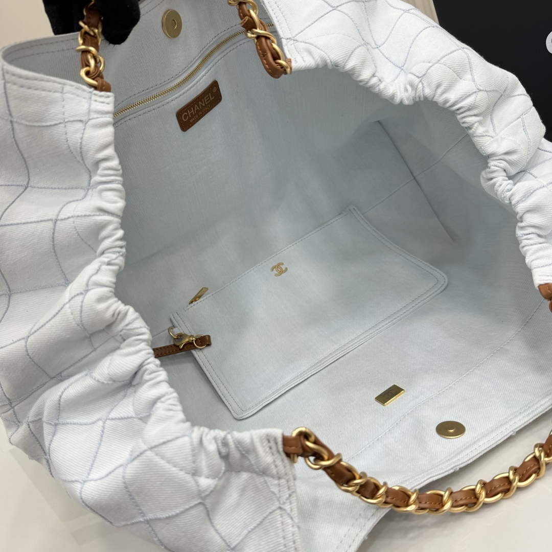 Chanel Small Tote, Denim, Calfskin & Gold Metal, AS6191 Light Blue